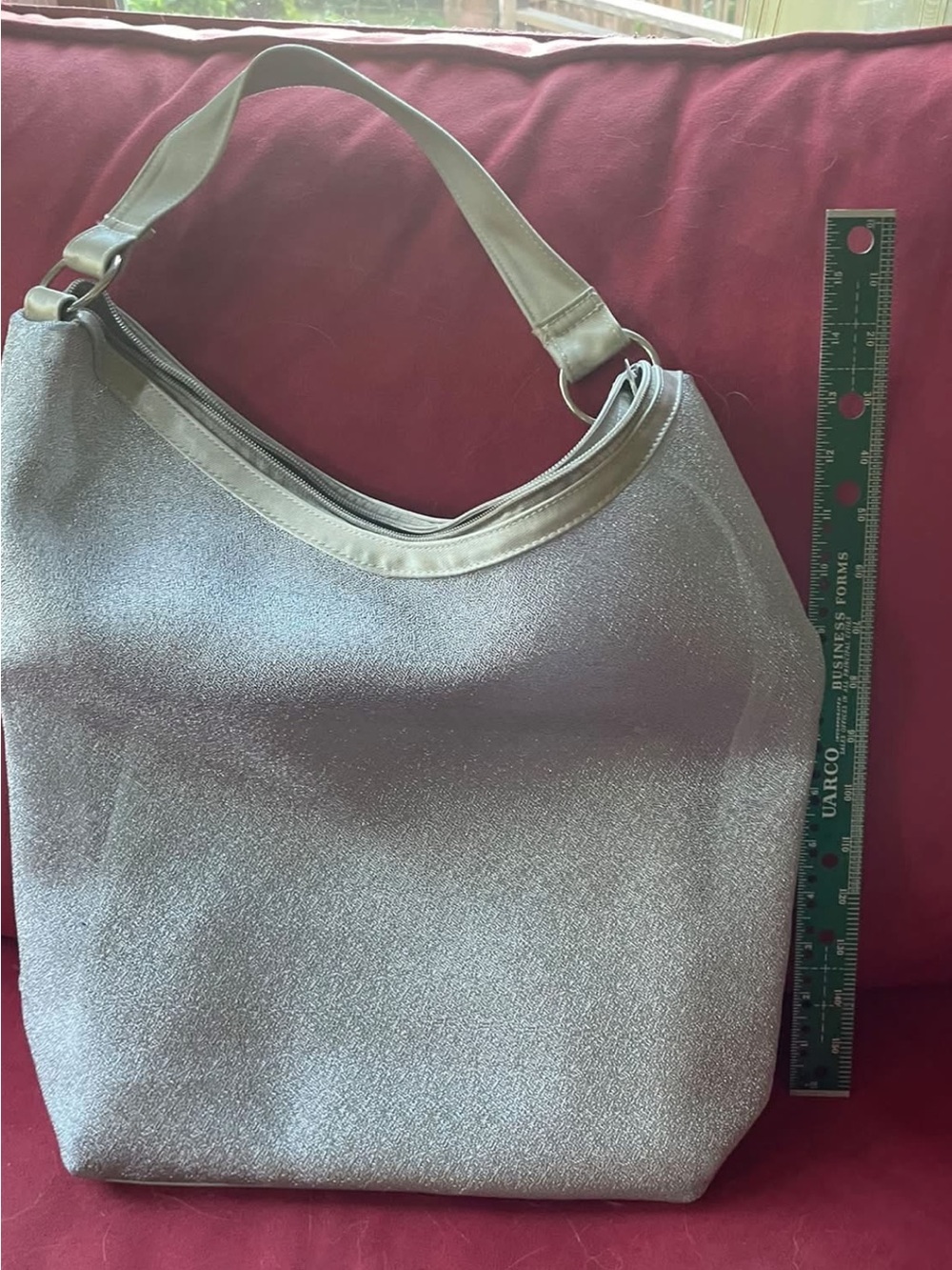 Shimmery Silver Women's Shoulder Bag. Silver sparkley with inside zip purse